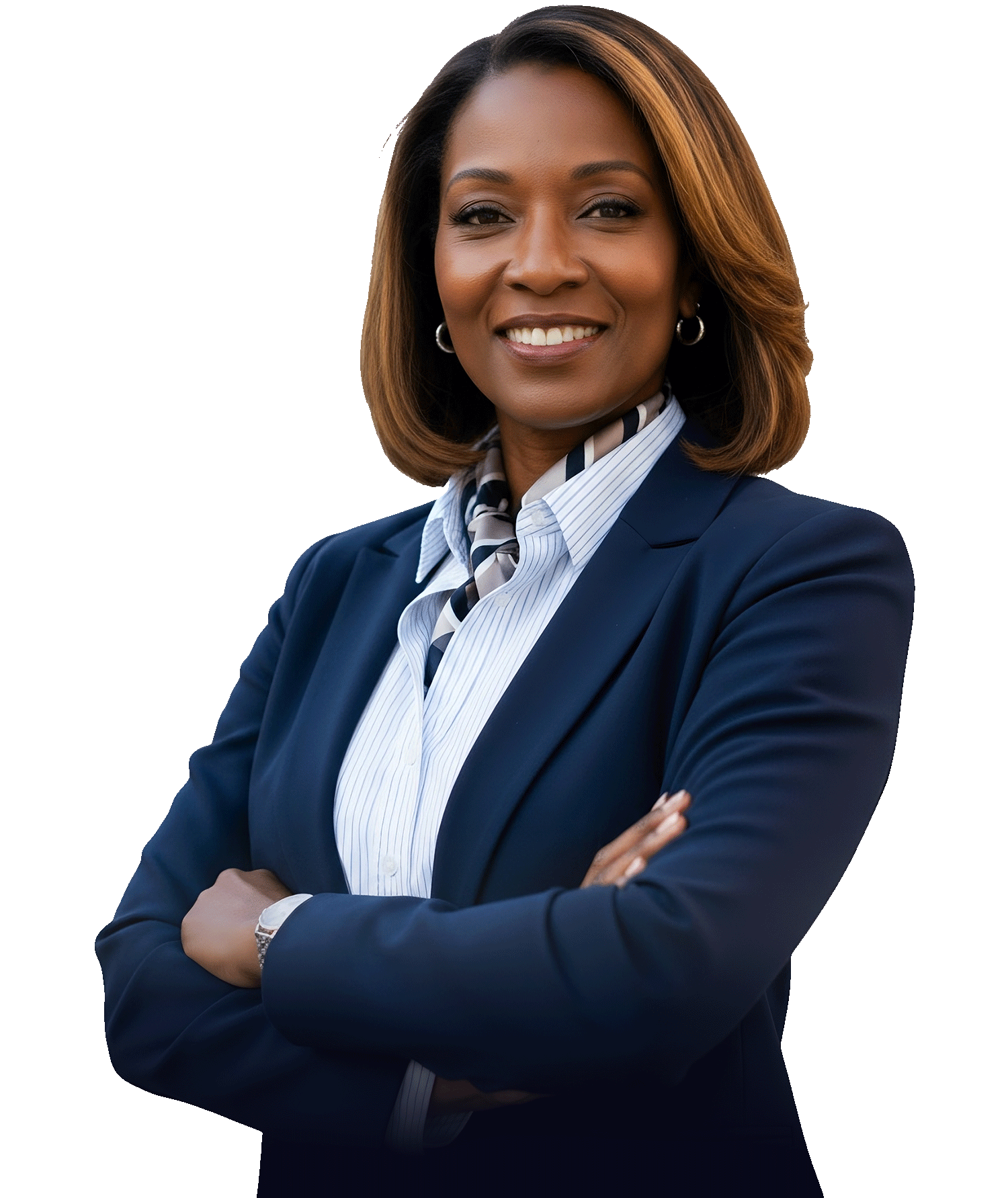 Woman in professional attire looking upwards